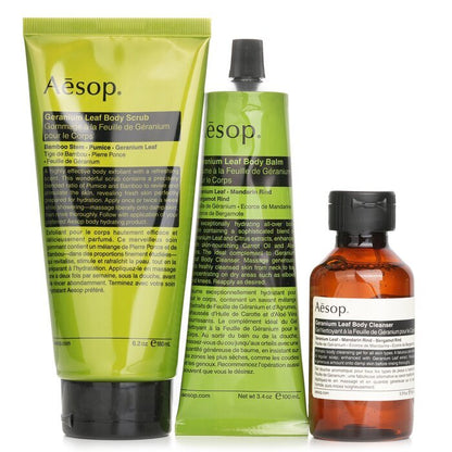 Aesop Rousing Rhythms Set: Geranium Leaf Body Cleanser 100ml+Geranium Leaf Body Balm 100ml+Geranium Leaf Body Scrub 180ml 3pcs + bag