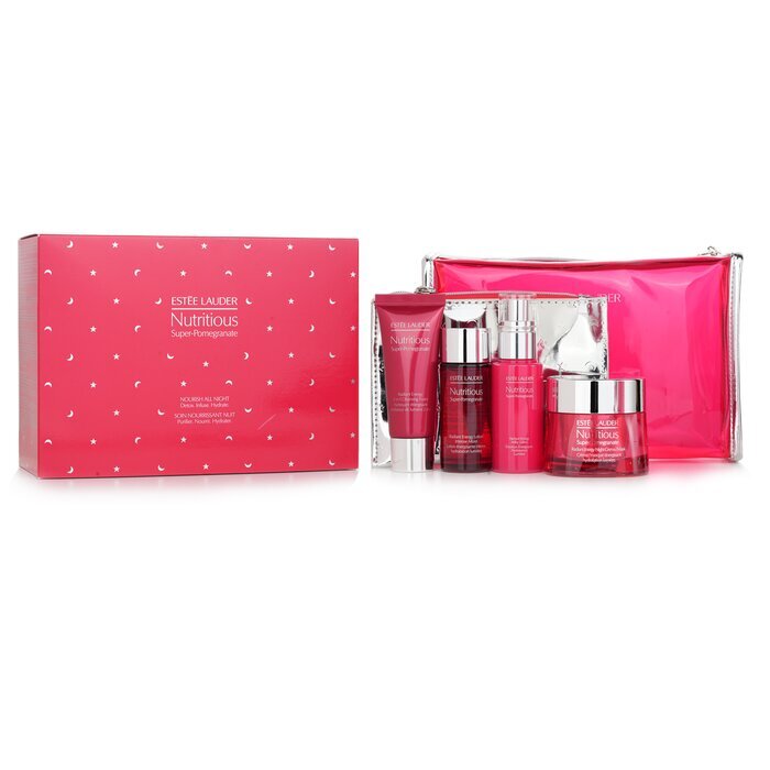 Estee Lauder Nutritious Super-Pomegranate Nourish All Night Set: Night Creme+ Milky Lotion+ Lotion Intense Moist+ Cleansing Form... 4pcs+2bags